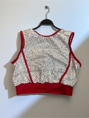 Weissman White Sequin Crop Top with Red Trim